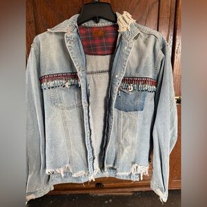 POL Light Blue Denim Jacket with Multicolor Beaded Fringe